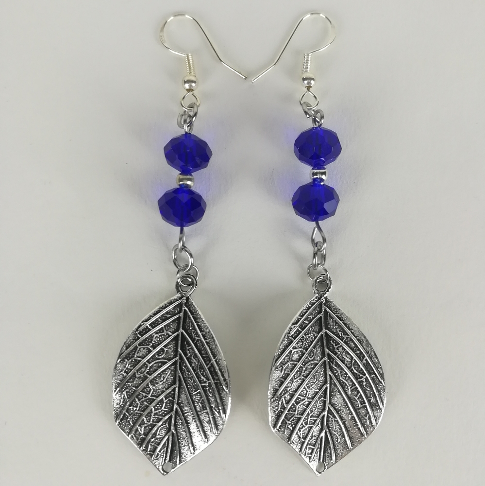 Simple Silver Leaf Dangle Earrings Blue Faceted G… - image 2